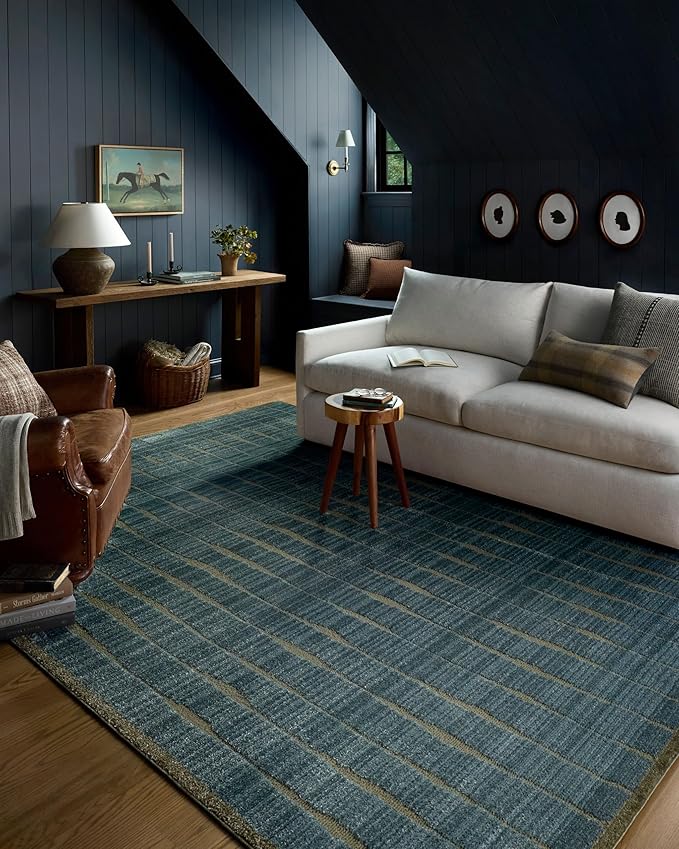 Loloi Chris Loves Julia Calvin Collection CLV-02 Ocean/Olive 5'-3" x 5'-3" Round Area Rug Checkered Neutral Soft Living Room Bedroom Carpet