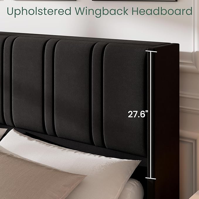 LARMACE King Size Bed Frame with 4 Storage Drawers and Wingback Headboard Velvet Upholstered Platform Bed Frame with Wooden Slats, Easy Assembly, Black