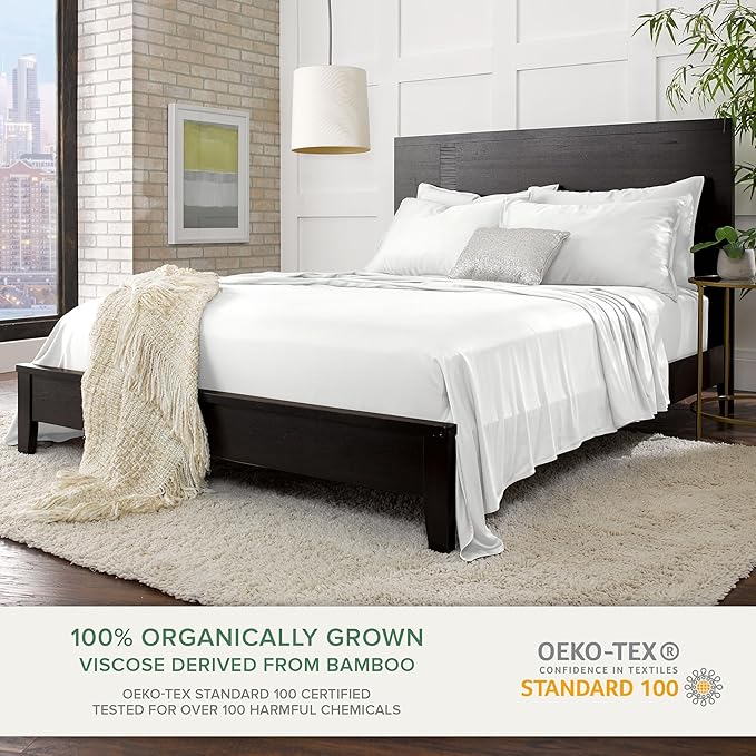 Pure Bamboo Queen Sheets, Genuine 100% Organic Viscose Derived from Bamboo Bed Sheet Set, Luxuriously Soft & Cooling, Double Stitching, 2 Year Quality Promise (Queen, White)
