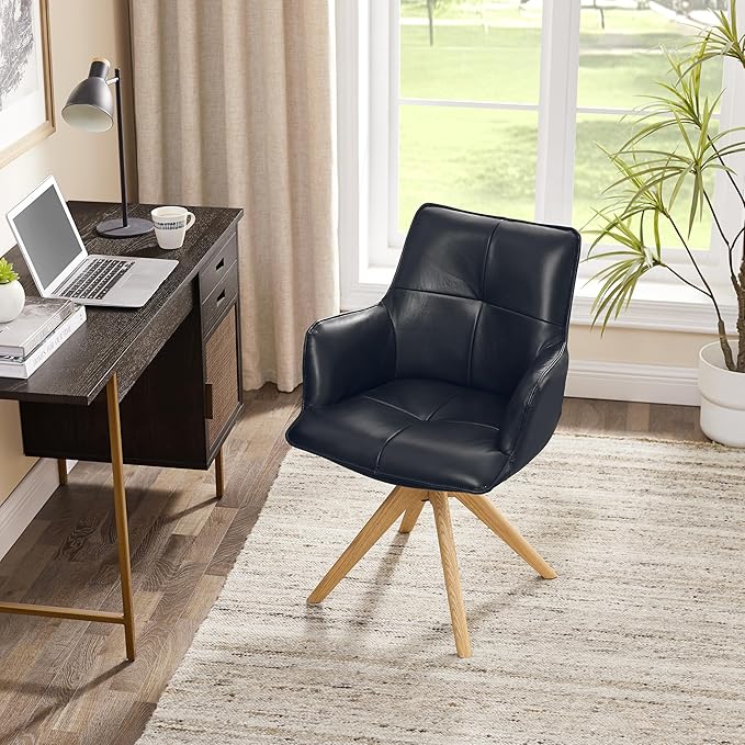Art Leon Office Chair No Wheels - Mid Century Modern Swivel Desk Chair, Genuine Leather Upholstered Accent Chair with Oak Wood Legs for Small Space Living Room Bedroom, Black Blue