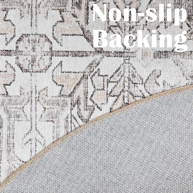jinchan Lima Round Rug 5ft Vintage Machine Washable Area Rug Indoor Circle 5' Ultra-Thin Non-Slip Floral Print Carpet for Farmhouse Entryway Dining Room Living Room Bedroom Office (5'Round, Taupe)