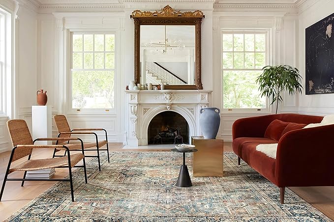 Loloi Margot Collection MAT-02 Terracotta/Lagoon 3'-6" x 5'-6" Accent Rug feat. CloudPile, No-Shed Easy Clean Large Patterned Area Rug for Living Room, Bedroom, Dining Area