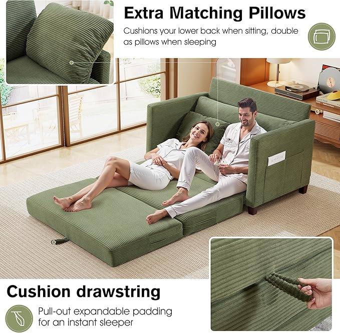 51" Loveseat Sleeper Sofa Bed, Corduroy Convertible Floor Sofa Bed for Small Spaces, Folding Couch Bed with Deep Seat, 2 Pillows & Solid Frame, Pull Out Floor Couch for Living Room, Green