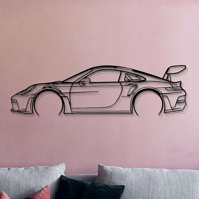 Dekory Car Wall Art – 911 GT3 RS (992) Black Metal Sports Car Silhouette, Modern Industrial Automotive Wall Decor for Garage, Living Room or Bedroom – 16 Inch (XS)