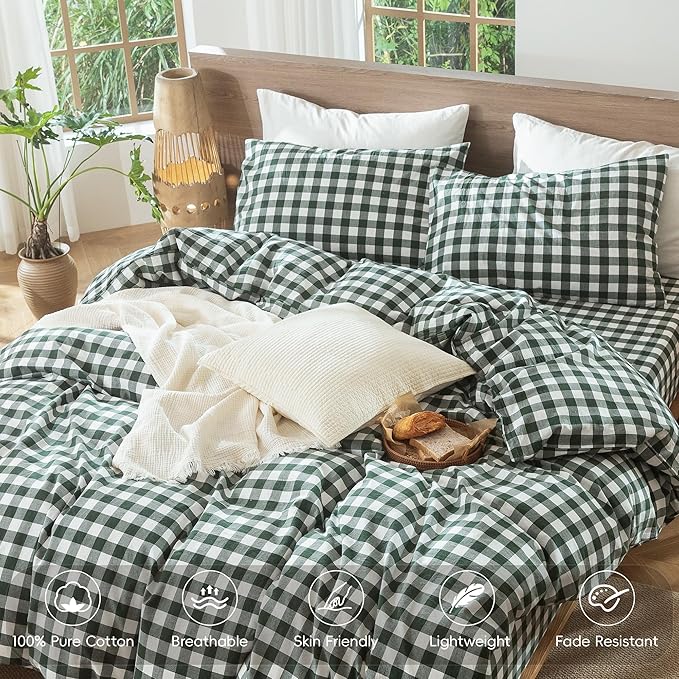 MooMee Gingham Duvet Cover Set 100% Washed Cotton Linen Like Textured Breathable Durable Soft Comfy Modern Checkered Design (Buffalo Plaid Forest Green, Oversized Full 82"x86")