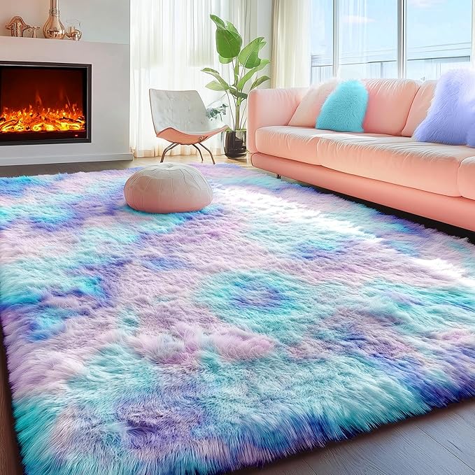 PAGISOFE Cute Furry Pastel Rug for Girls Bedroom, Soft Shag Rainbow Purple Tent Rugs for Livingroom, Kids Room, Playroom Nursery Home Decor, Plush Mermaid Kawaii Rug Fluffy Fuzzy Carpet 4x6 Area Rug