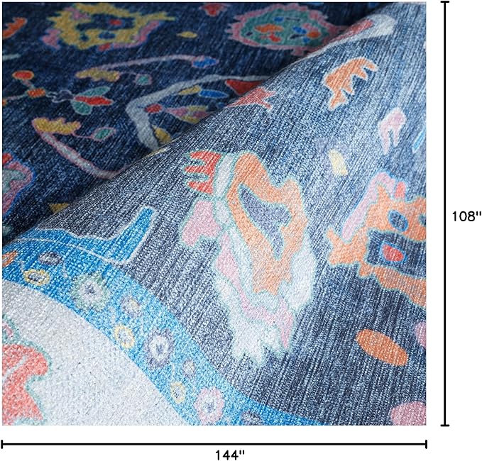 Fame Rugs Blue Modern Oushak Rug 9x12, Vintage Turkish Colorful Oriental Washable Antique Inspired Oversize Area Rugs, Luxury Living Room Bedroom (386PBL, 9' x 12) (387BNB, 9' x 12)