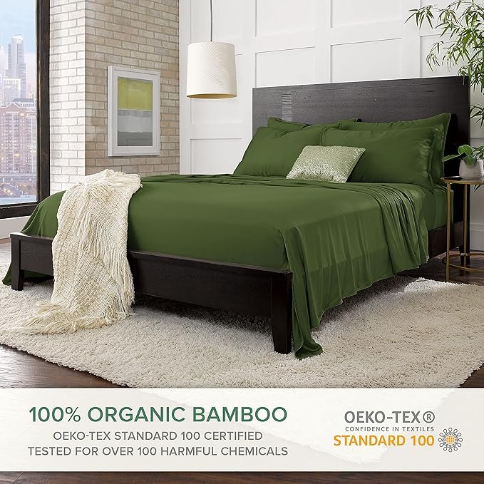 Pure Bamboo Queen Sheets, Genuine 100% Organic Viscose Derived from Bamboo Bed Sheet Set, Luxuriously Soft & Cooling, Double Stitching, 2 Year Quality Promise (Queen, Pesto)
