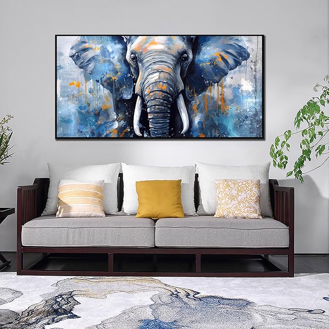 Elephant Wall Art for Living Room, Animal Canvas Wall-Decor for Bedroom, Blue Picture Print, Large Size 59x29 Inches Framed