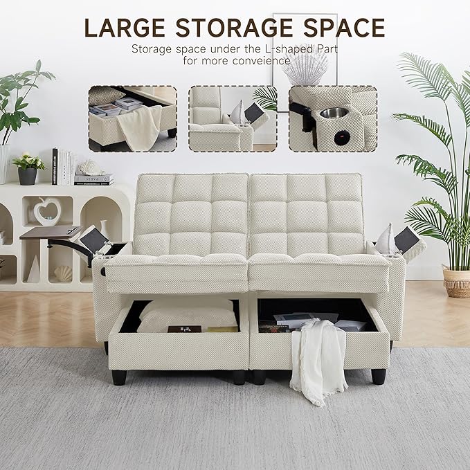 70.9" Chaise Lounge Chair Indoor, Oversized Boucle Upholstered Sofa Bed, Adjustable Backrest Deep Seat Reading Chair, Sofas Couches for Living Room with Storage, Cup Holders & 360° Swivel Side Table