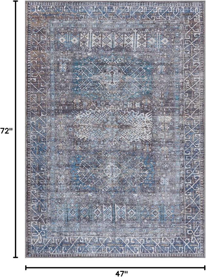 Bloom Rugs Washable 4' x 6' Rug - Slate Gray/Blue Traditional Area Rug for Living Room, Bedroom, Dining Room, and Kitchen - Exact Size: 4' x 6'