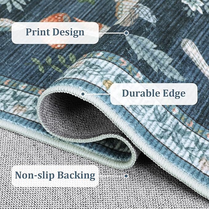 Mushroom Small Rug 2x3 Washable Door Mat Indoor Rugs for Entryway Non-Slip Soft Ultra-Thin Stain Resistant Foldable Rugs Kitchen Bedroom Living Room Blue