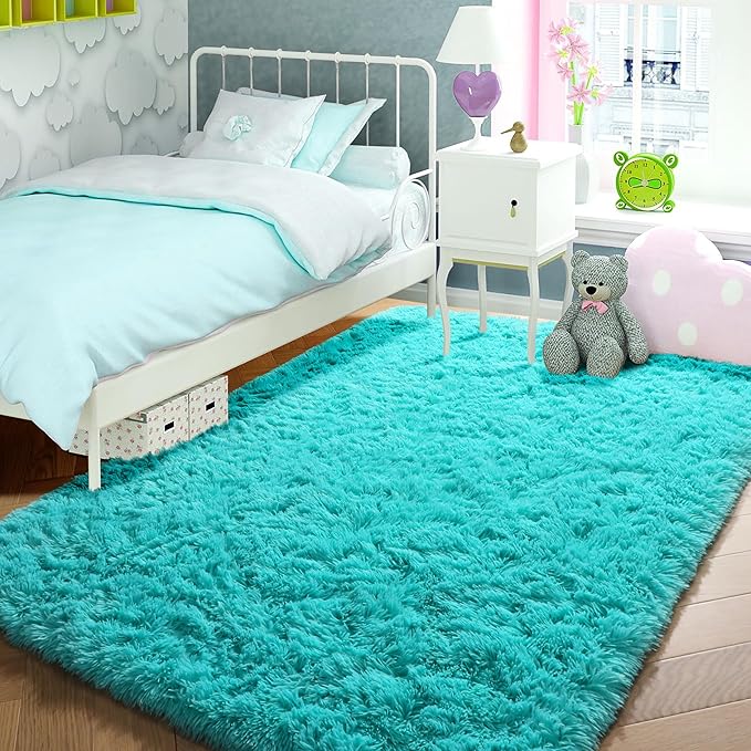 PAGISOFE Soft Fluffy Teal Area Rugs for Bedroom Kids Room Living Room Rug Shag Furry Carpet for Boys Girls Room Modern Plush Decorative Nursery Rugs Solid Accent Floor Rugs Dorm 4' x 6', Blue