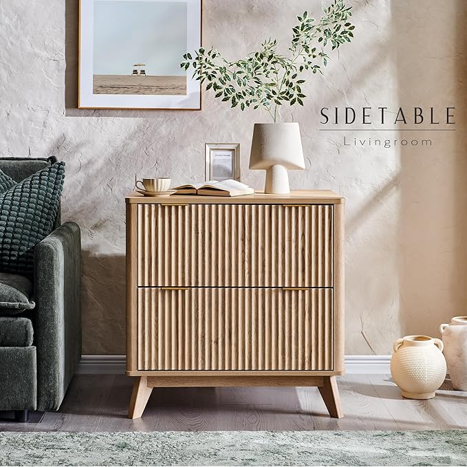T4TREAM Fluted Night Stand Set 2, 30" Tall Bedside Table with 2 Drawers & Large Tabletop, Modern Wood Side Tables Bedroom, End Table for Living Room, Natural Oak