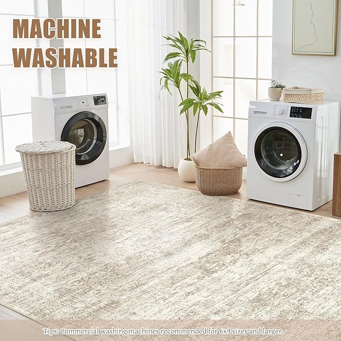 Area Rug Living Room Rugs - 6x9 Abstract Large Soft Indoor Washable Rug Neutral Modern Low Pile Carpet for Bedroom Dining Room Farmhouse Home Office - Vintage Beige