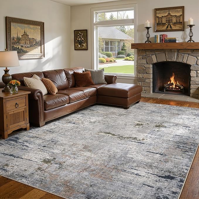Area Rug Living Room Rugs - 10x14 Washable Large Soft Indoor Neutral Modern Abstract Low Pile Rug Carpet for Bedroom Dining Room Farmhouse Home Office - Blue/Grey/Brown