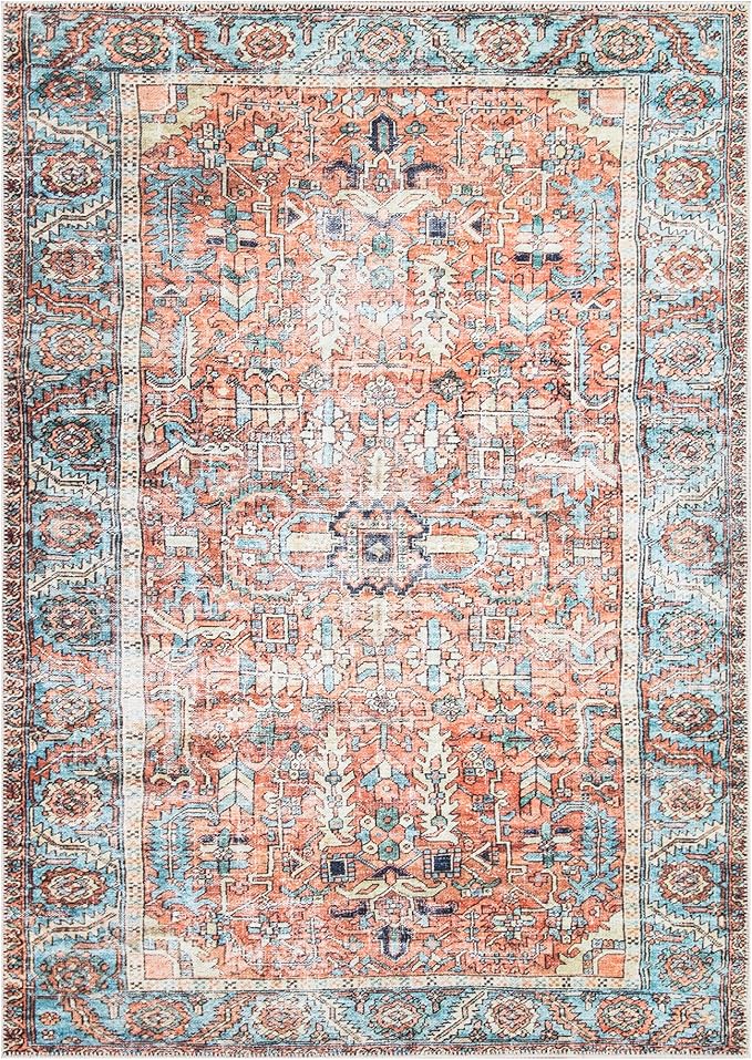 Bloom Rugs Washable Non-Slip 8' x 10' Rug - Orange/Blue Traditional Area Rug for Living Room, Bedroom, Dining Room, and Kitchen - Exact Size: 8' x 10'