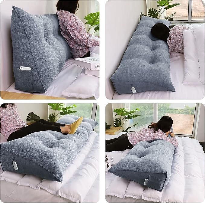homecozy Wedge Headboard Pillow Dorm Room Reading Pillow Back Support for Sitting Up in Bed Bolster Lumbar Cushion Body Positioning Bedrest Cotton Linen 39in Gray Twin