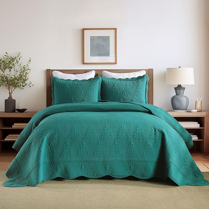 MarCielo 3-Piece Christmas Quilt 100% Cotton Oversized Bedspread Lightweight Coverlet Embroidery Christmas Tree Pattern Bedding Set(TC Emerald, Oversized King (118"x106"))
