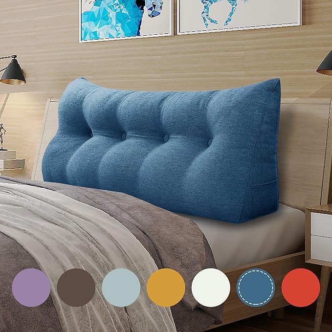 homecozy Wedge Headboard Pillow Dorm Room Reading Pillow Back Support for Sitting Up in Bed Bolster Lumbar Cushion Body Positioning Bedrest Cotton Linen 54in Blue Full