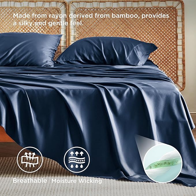 Bedsure Full Size Bed Sheets, Cooling Sheets, Rayon Derived from Bamboo, Breathable & Soft, Deep Pocket Up to 16 Inches, Hotel Luxury Silky Bedding for Hot Sleepers, Navy