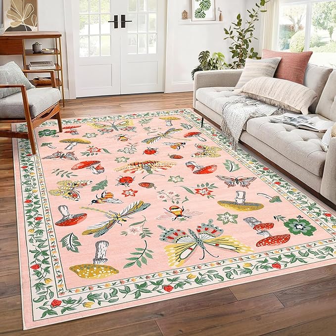Mushroom Insect Washable Rug 5x7 Area Rugs for Bedroom Non Slip with Rubber Back Low Pile Stain Resistant Modern Butterfly Carpet for Living Room Nursery Kitchen Dining Room Light Pink