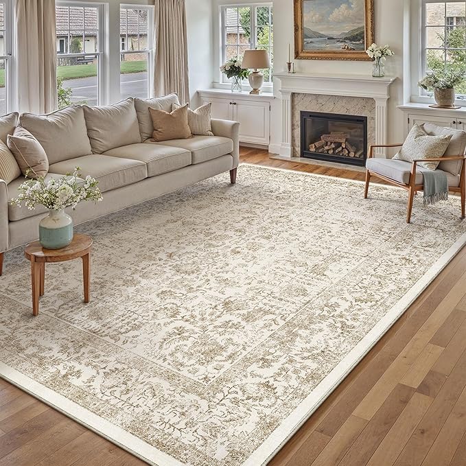 Light Brown Area Rug 9x12 Machine Washable Large Vintage Living Room Distressed Non Slip Carpet Traditional Indoor Bedroom Retro Floral Accent Throw Rug for Office Kitchen Dining Room