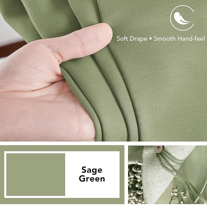Deconovo Blackout Curtains, Thermal Insulated, W52 x L45 2 Panels, Back Tab, Machine Washable, Room-Darkening Drapes for Bedroom/Living Room Sage Green