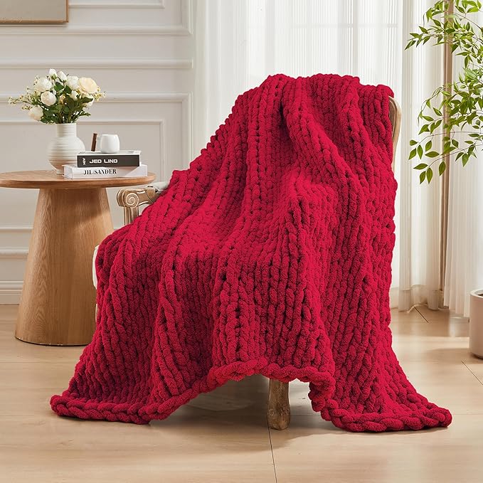 Carriediosa Chunky Knit Throw Blanket 60" X 80" Twin, 100% Hand Made Large Chenille Loop Yarn Soft Fluffy Throws for Couch Sofa Bed, Big Crochet Cozy Heavy Thick Cable Woven Blankets, Red