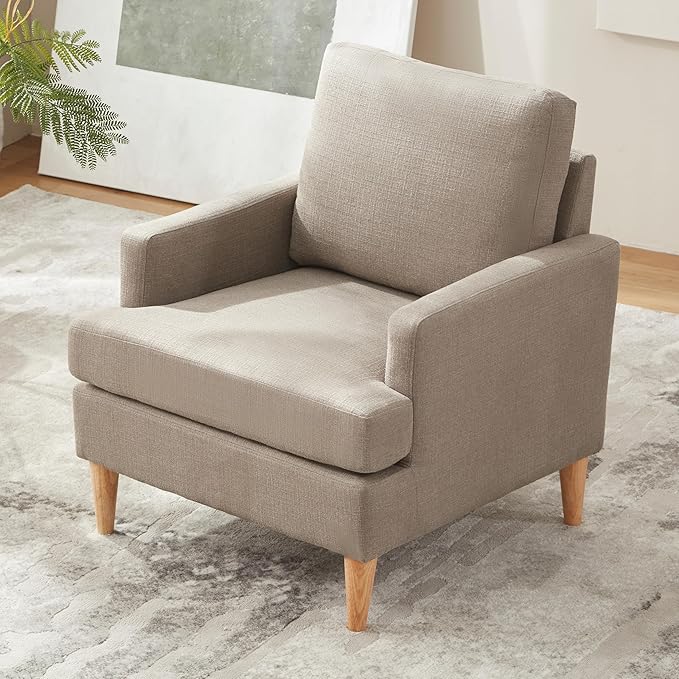 VKNOW Mid-Century Accent Chair, No Tools Assembly Required, Modern Upholstered Polyester Armchair for Living Room,Comfy Reading Accent Chairs with Wood Legs for Bedroom, Brown