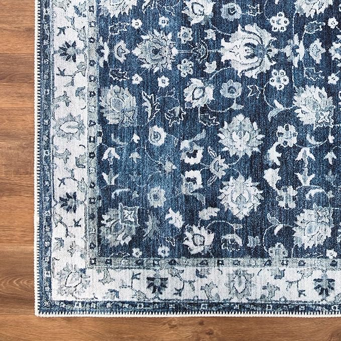 Bloom Rugs Washable Non-Slip 10 ft Runner - Dark Blue Traditional Bordered Runner for Entryway, Hallway, Bathroom, and Kitchen - Exact Size: 2.5' x 10'