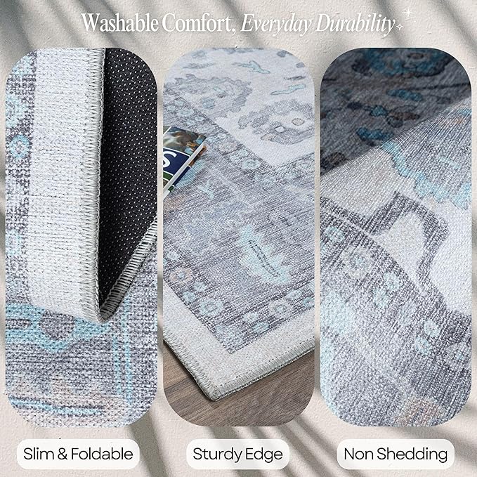 Fame Rugs Gray Modern Oushak Rug 2x3, Vintage Doormat Turkish Colorful Oriental Antique Inspired Washable Small Area Rug, Luxury Living Room Bedroom (384GB, 2' x 3')