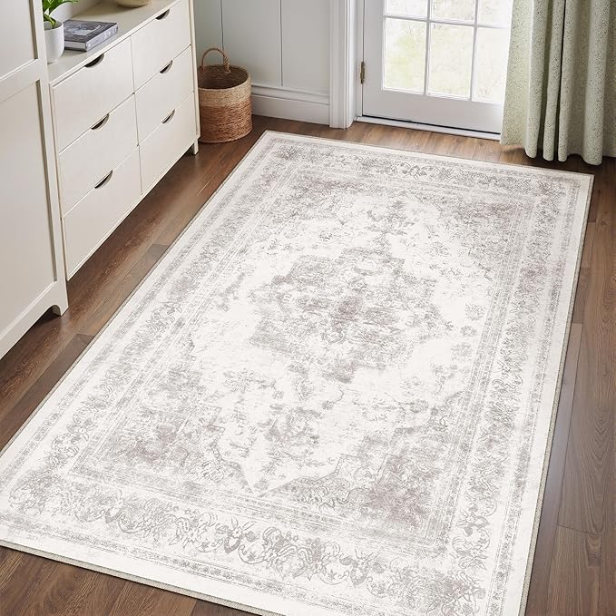 Area Rug 5x7 Washable Light Gray Rug Vintage Boho Medallion Large Grey Distressed Retro Carpet for Living Room Non Slip Indoor Low Pile Small Soft Bedroom Dining Room Home Office