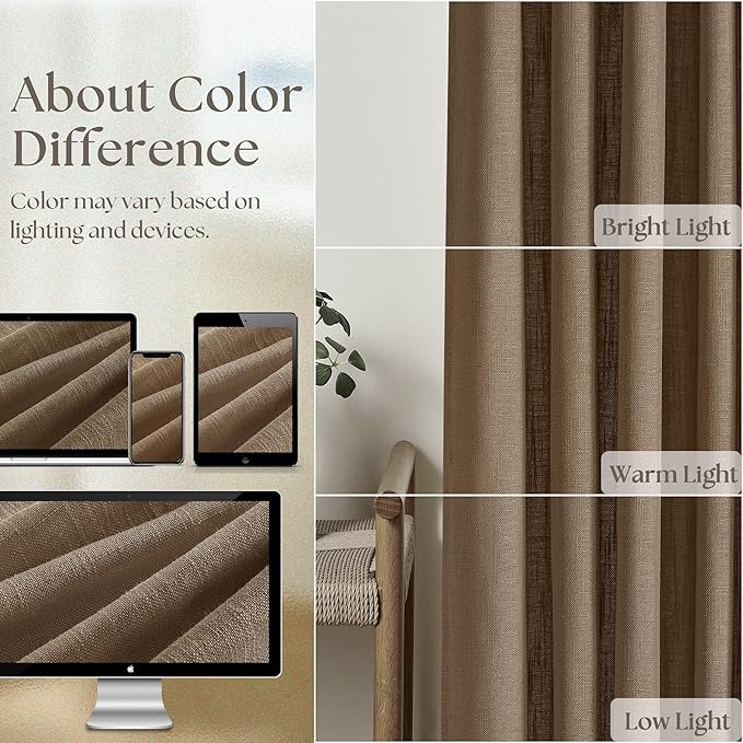 Dutch Cocoa Linen Curtains 102 Inches Long for Living Room Pinch Pleated Drape with Hooks Rings for Track System Light Filtering 102 Inch Curtain for Bedroom Sliding Patio Door 2 Panels Brown