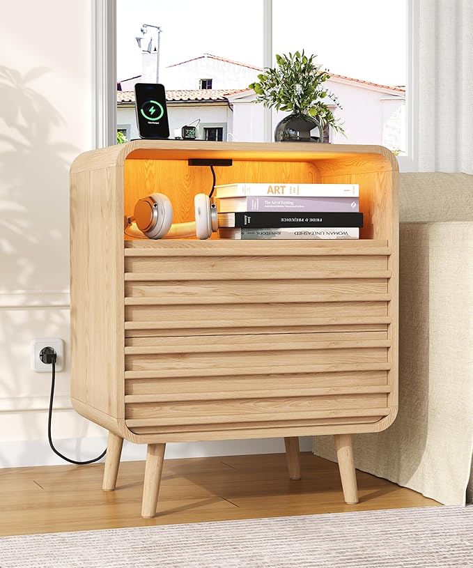 22.4"W Fluted Night Stand with 2 Drawers and Opening Shelf, RGB Nightstand with Charging Station, Wooden Bedside Table with Solid Wood Legs, End Table for Bedroom, Curved Profile Design, Natural Oak