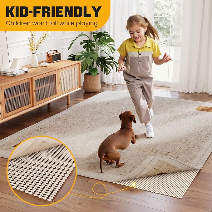 Non-Slip Rug Pad Gripper 8x10 Feet, Anti Skid Mat for Under Area Rugs, Keeps Rugs in Position and Safe, Thick Cushioned Carpet Pad for Hardwood Floors Protection