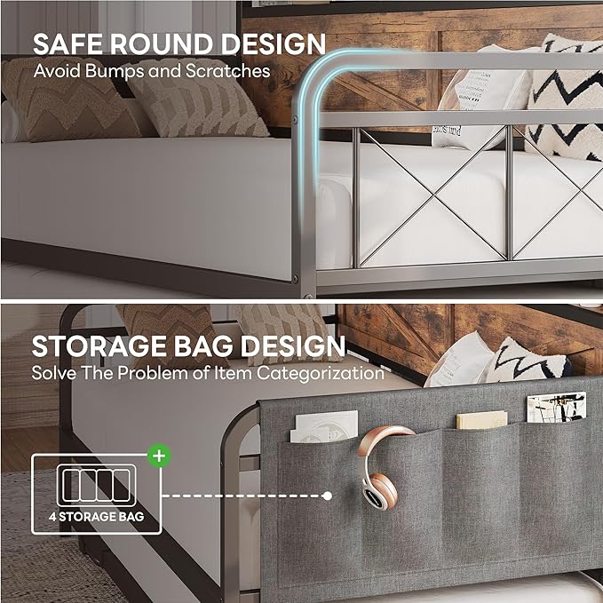 LIKIMIO Twin Daybed with Trundle Bed, Storage Headboard with Charging Station, Sofa Day Bed with Strong Supports for Living Room, Bedroom, and Guest Room, Industrial Brown
