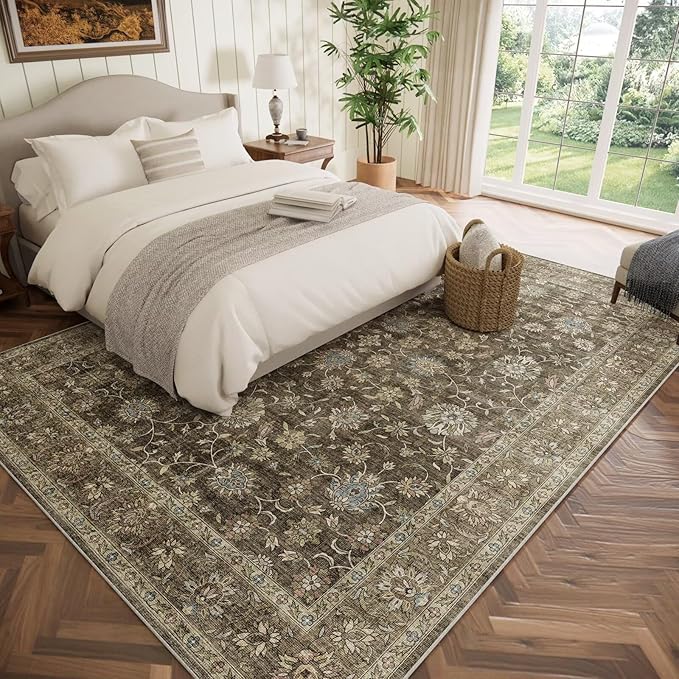 Washable 8x10 Area Rugs for Living Room, Boho Non-Slip Vintage Distress Large Rugs for Bedroom Dining Room Nursery Office, 0.3" Neutral Oriental Throw Thin Carpet, Tan/Flaxen/Multi