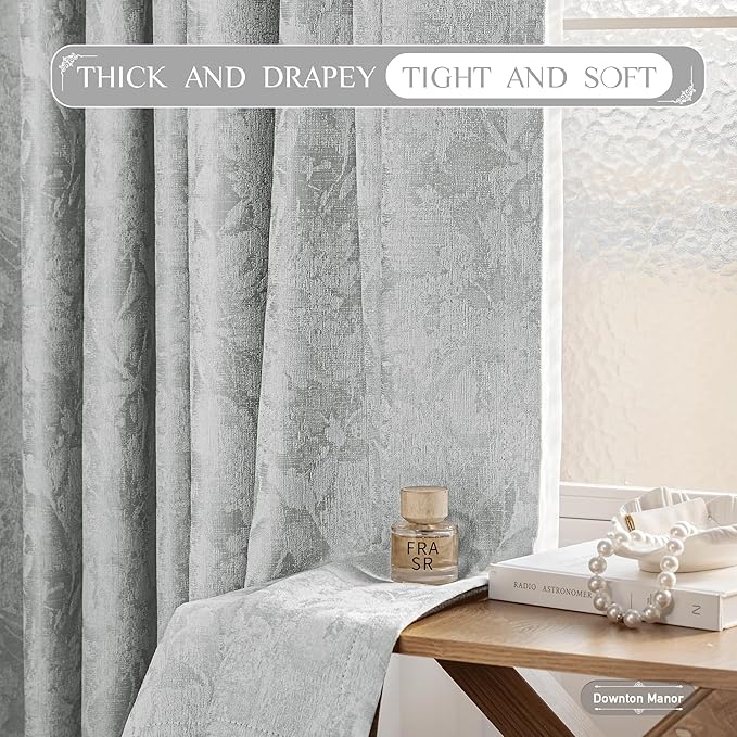 Beauoop Grey Floral Jacquard Blackout Curtains 96 Inches Long 2 Panels for Bedroom Living Room Gray Flower Chenille Room Darkening Thermal Insulated Soundproof Grommet Window Treatments Drapes, 52x96