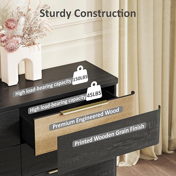 6 Drawer Dresser for Bedroom, 54" Wide Modern Chest of Drawers with Metal Handle, Curved Profile Design, Wooden Black Dresser Closet Clothes Storage TV Stand for Living Room, Hallway