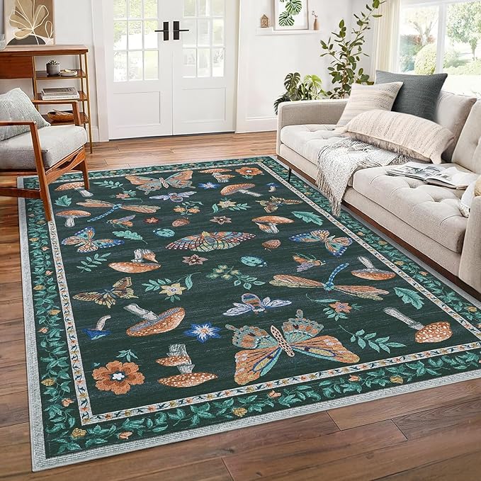 4 x 6 Rug Non-Slip Washable Carpet - Mushroom Soft Low-Pile Stain Resistant Foldable Rugs for Nursery Kitchen Bedroom Living Room Entryway Indoor Mat with Rubber Back Black