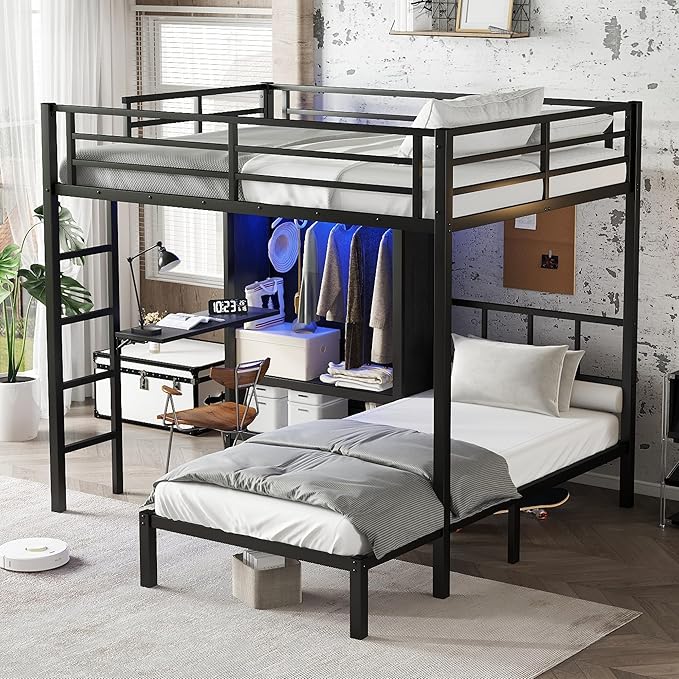 Full XL Over Twin Metal Bunk Bed with Folding Desk, Closet with LED, Space-Saving/Noise Reduced, Black Classic Platform Bed Frame, Easy Assembly YJXW1580S00113