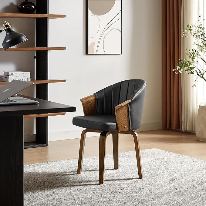 Art Leon Desk Chair No Wheels, Mid Century Modern Swivel Accent Chair, Faux Leather Home Office Desk Chair with Wood Legs for Living Room Bedroom Study, Black/Walnut