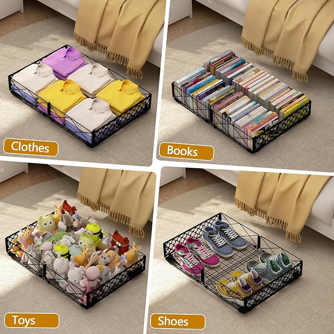 NADAMOO Under Bed Storage with Wheels, 2 Pack Rolling Under Bed Storage Containers，Foldable Metal Under the Bed Organizer Bins for Bedroom Clothes Shoes Blankets
