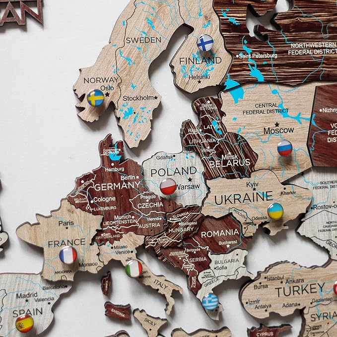 Handmade 3D Wood World Map Wall Art Large Wall Decor Track Your World Travels - Special for Home, Kitchen and Office (Pins, Flags Push Pins)