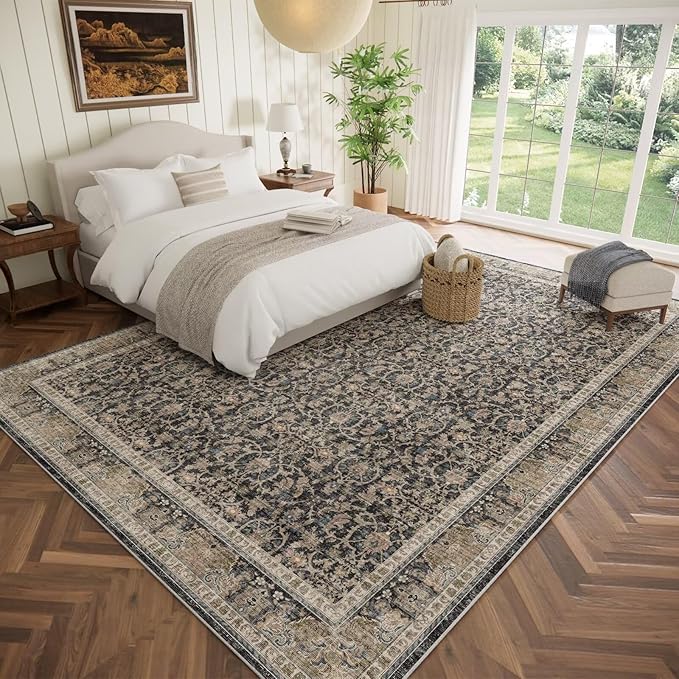 Washable 10x14 Area Rugs for Living Room, Boho Non-Slip Vintage Distress Large Rugs for Bedroom Dining Room Office, 0.3" Neutral Oriental Throw Thin Carpet, Black/Brown/Blue/Multi