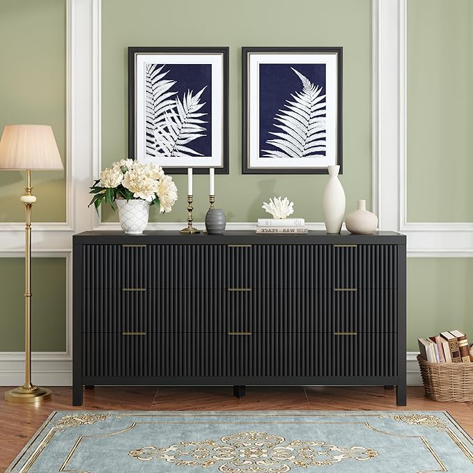 Modern Chest of Drawers with 9 Drawers, Modern Chest of Drawers for Closet, Large Storage Cabinet with Solid Natural Wood Legs for Living Room, Bedroom,Hallway, Black Oak