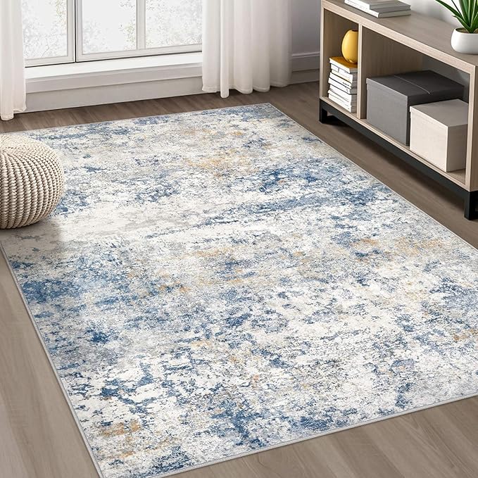 Area Rug Living Room Rugs - 6x9 Abstract Large Soft Indoor Washable Rug Neutral Modern Low Pile Carpet for Bedroom Dining Room Farmhouse Home Office - Blue
