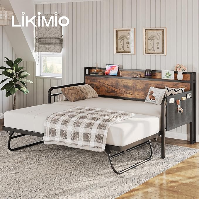 LIKIMIO Twin Daybed with Trundle Bed, Storage Headboard with Charging Station, Sofa Day Bed with Strong Supports for Living Room, Bedroom, and Guest Room, Industrial Brown