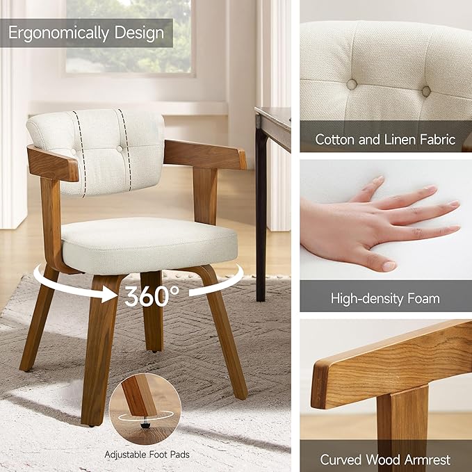 Art Leon Modern Dining Chairs - Set of 2 Mid Century Dining Chairs Fabric Upholstered Swivel Chairs Comfy Desk Chair No Wheels Accent Arm Chair for Kitchen Living Room Study, Off White/Walnut